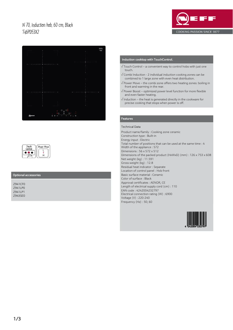 Page 1 of the manual Technical Sheet Neff T46PD53X2