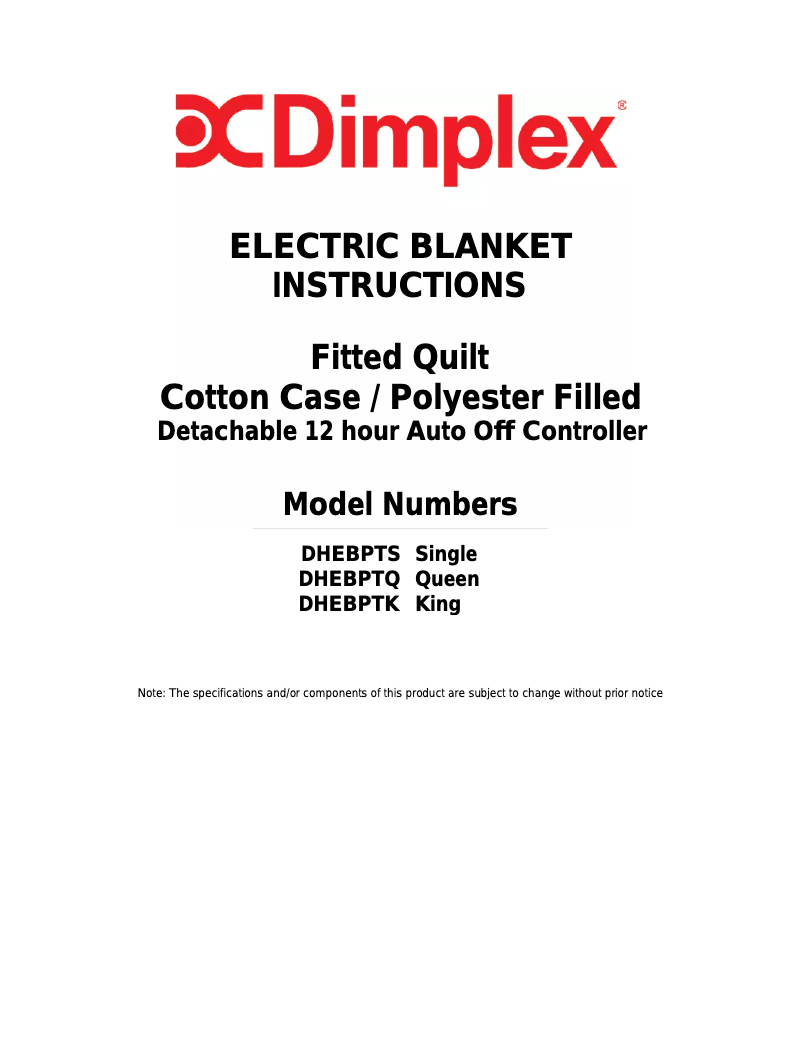 Page 1 of the manual User Manual Dimplex DHEBPTK