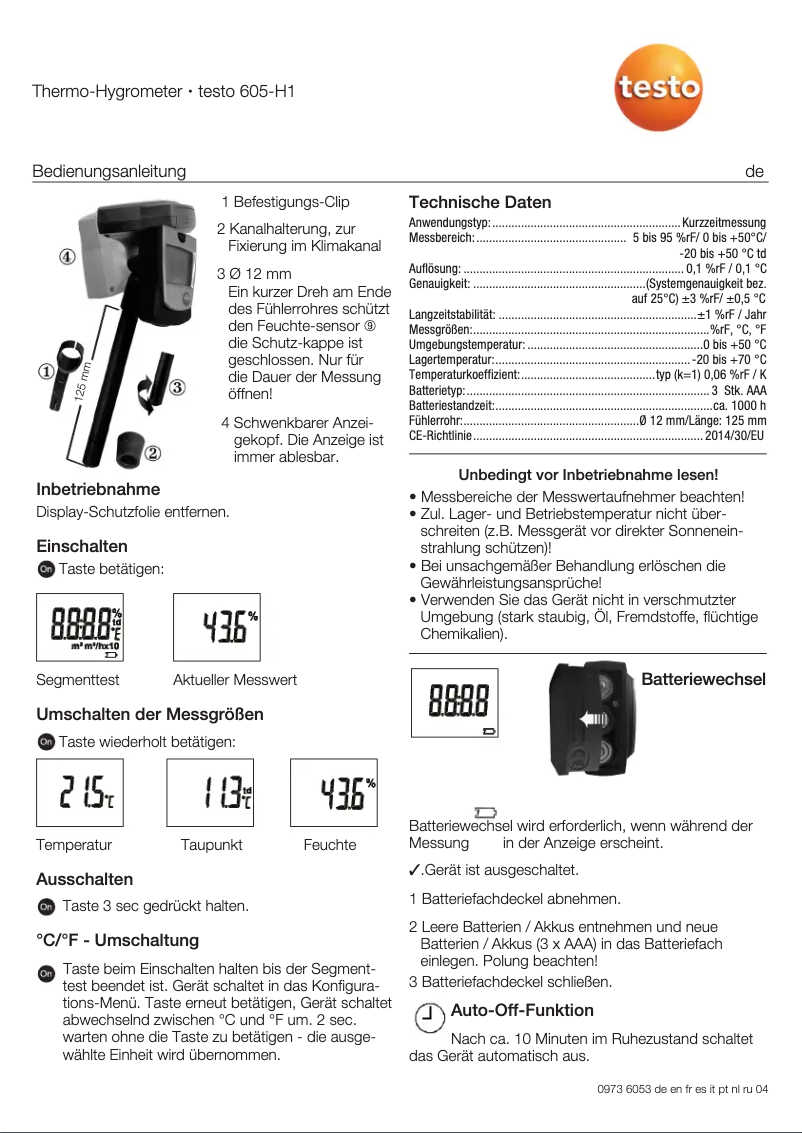 Page 1 of the manual User Manual Testo 605-H1