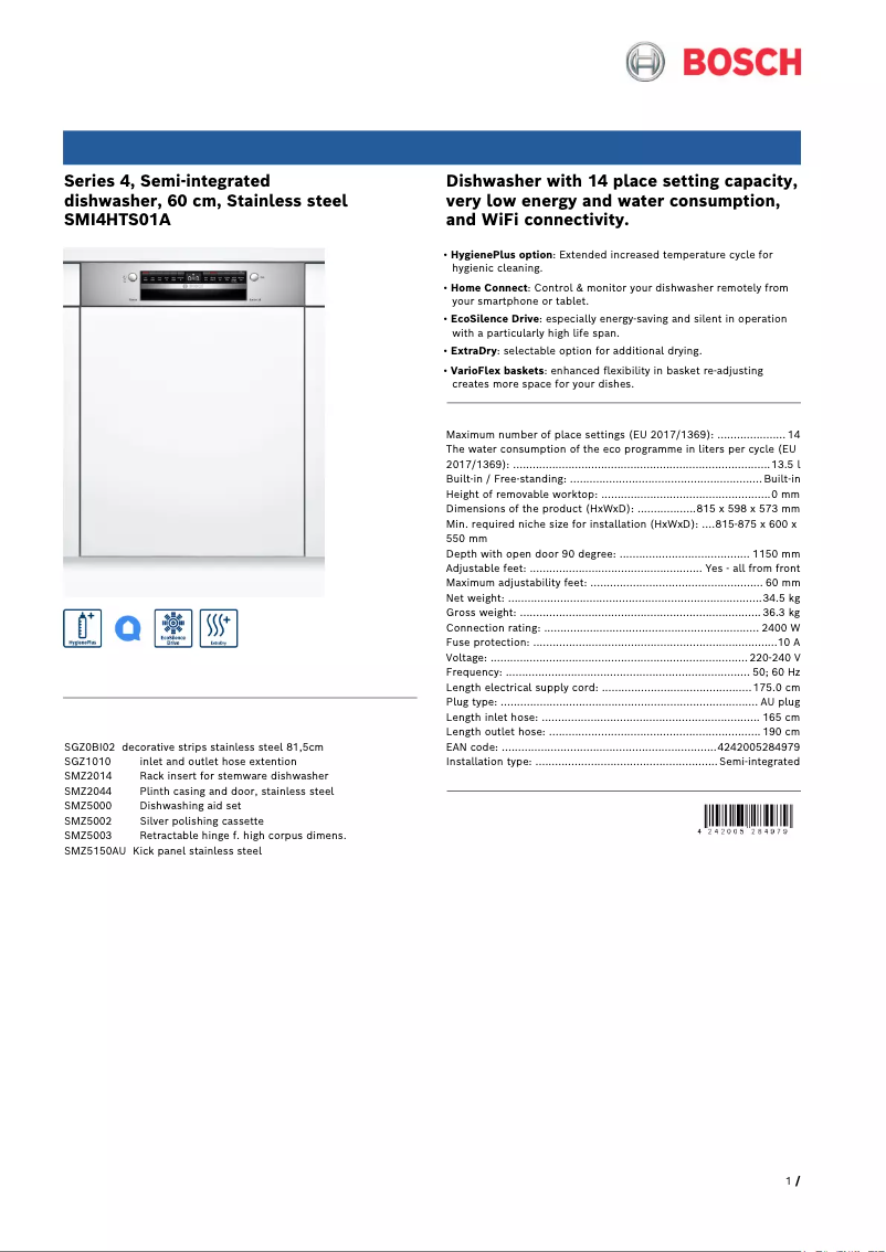Page 1 of the manual Technical Sheet Bosch SMI4HTS01A