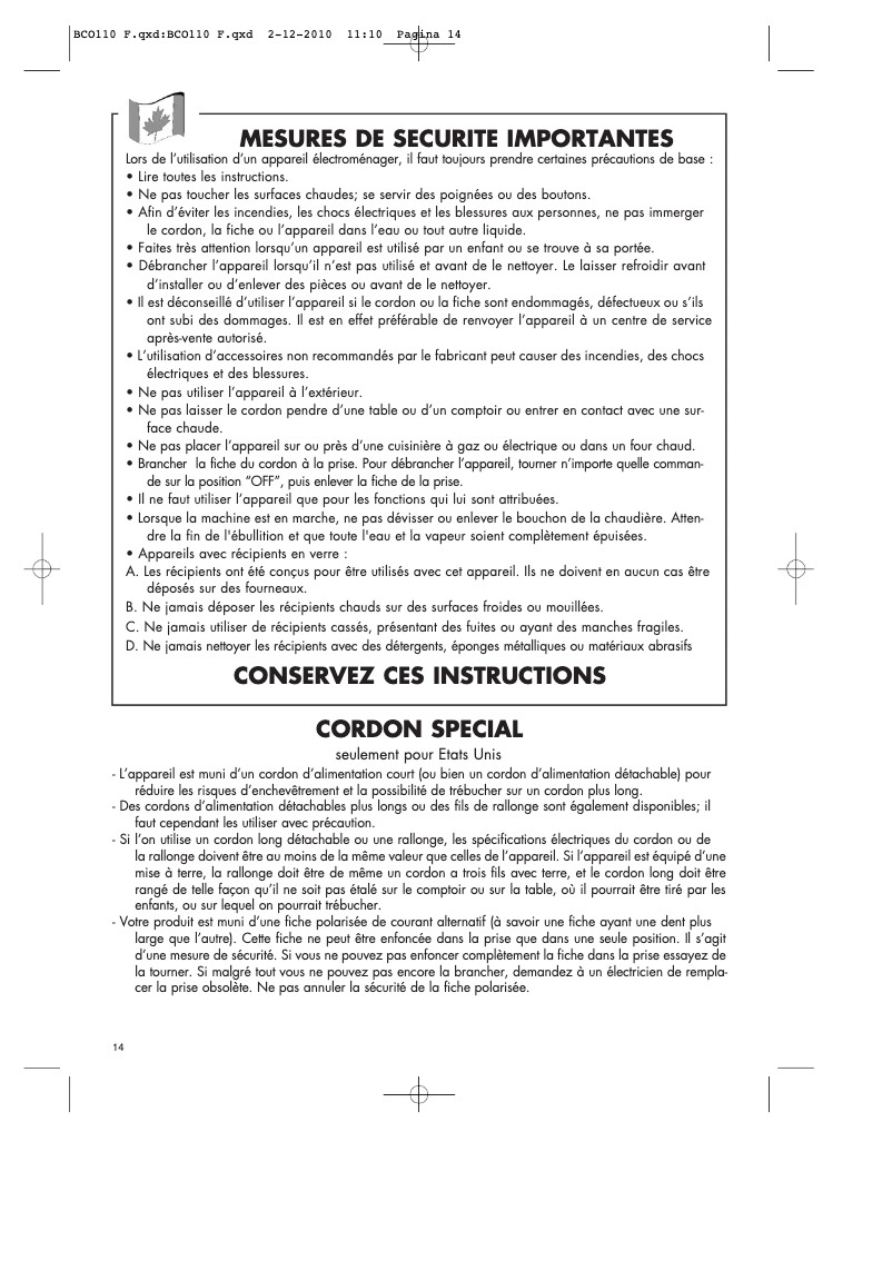 First page image of the manual for BCO 110