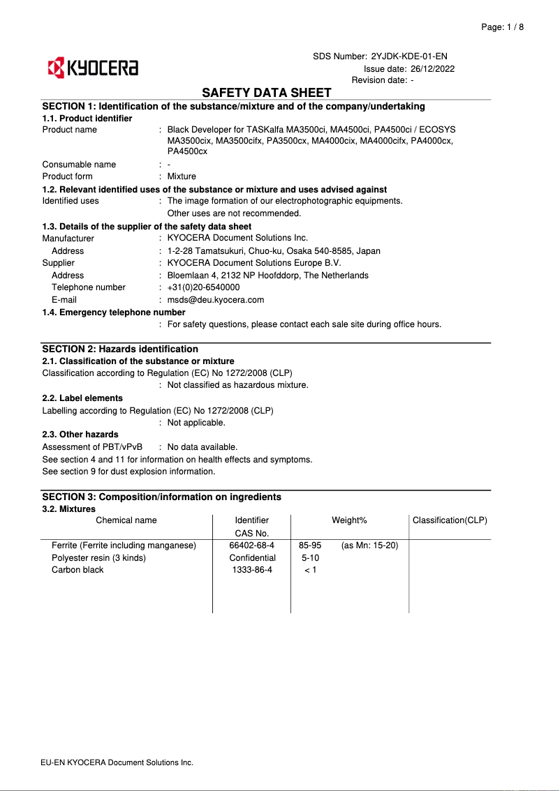 Page 1 of the manual Safety Instructions Kyocera ECOSYS MA4000cix