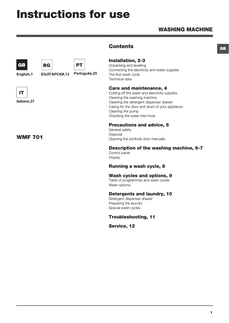 Page 1 of the manual User Manual Hotpoint Ariston WMF 701 EU