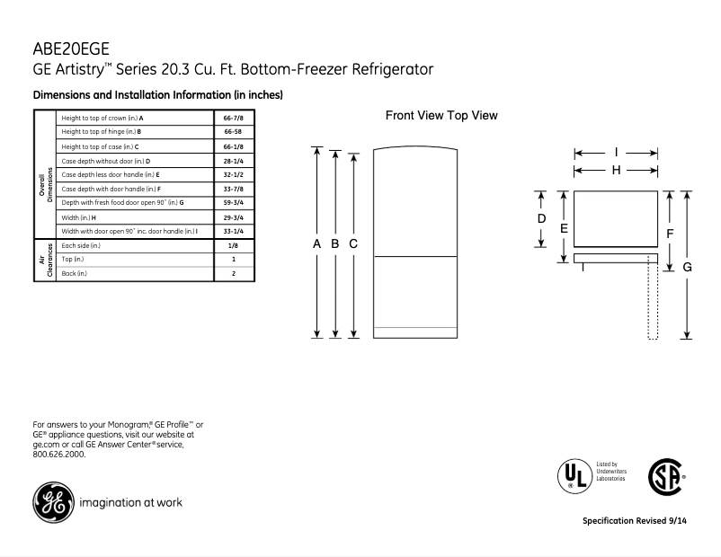 Page 1 of the manual Technical Sheet GE Artistry ABE20EBS