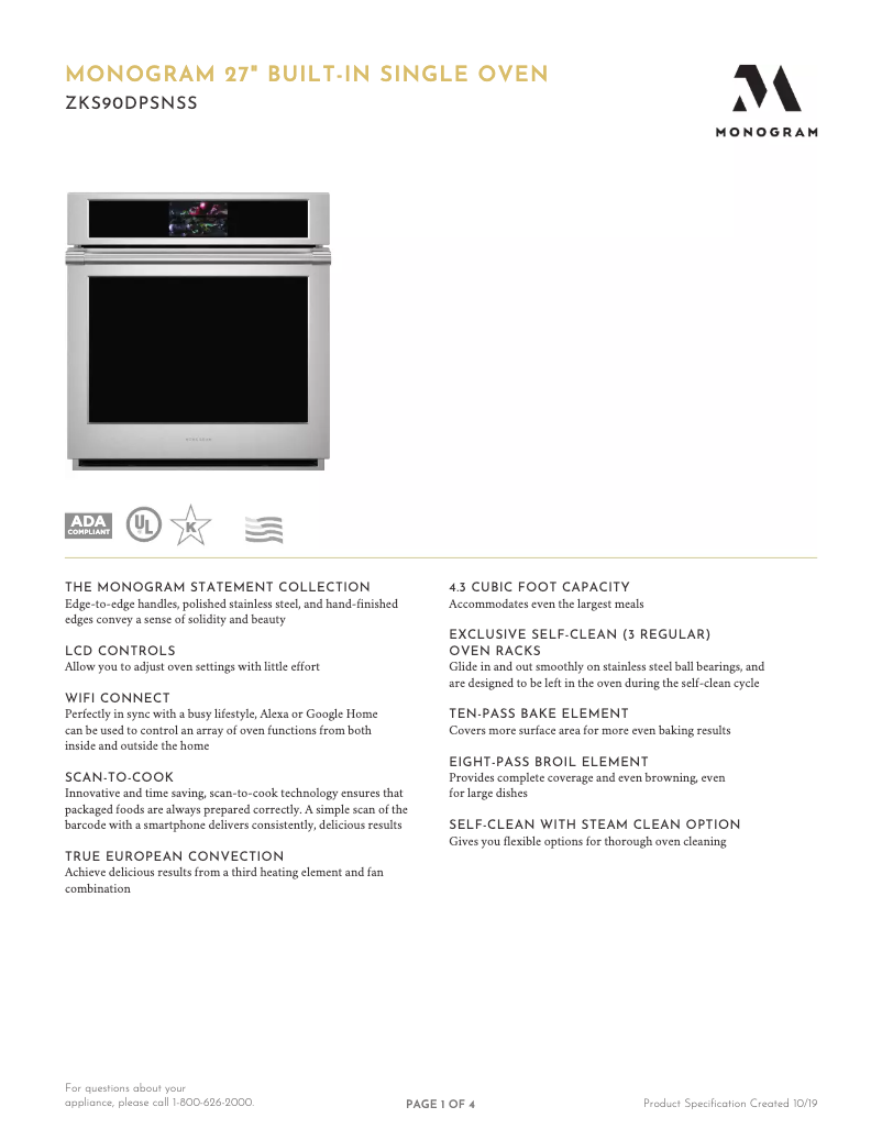 Page 1 of the manual Technical Sheet Monogram ZKS90DPSN