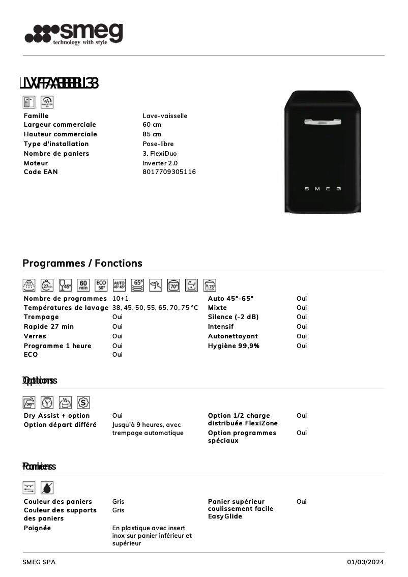 Page 1 of the manual Technical Sheet Smeg LVFABBL3