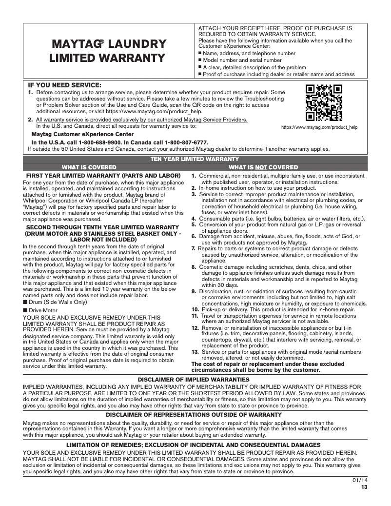 Page 1 of the manual Warranty Information Maytag MGDC465HW