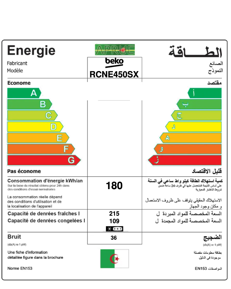 Page 1 of the manual Energy Label Beko RCNE450SX
