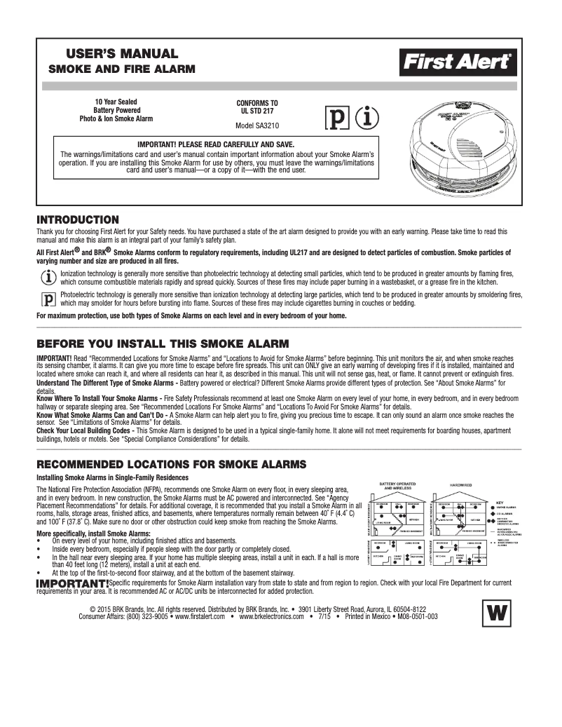 First page image of the manual for SA3210