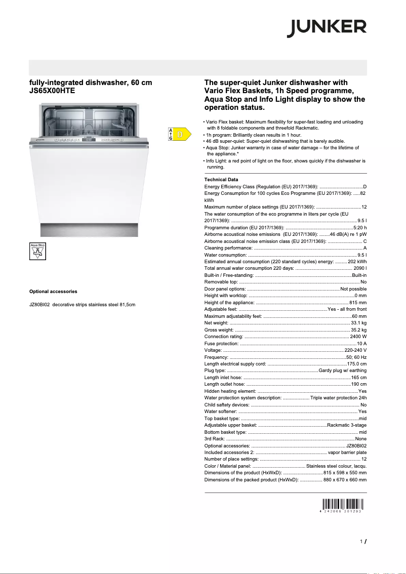 Page 1 of the manual Technical Sheet Junker JS65X00HTE