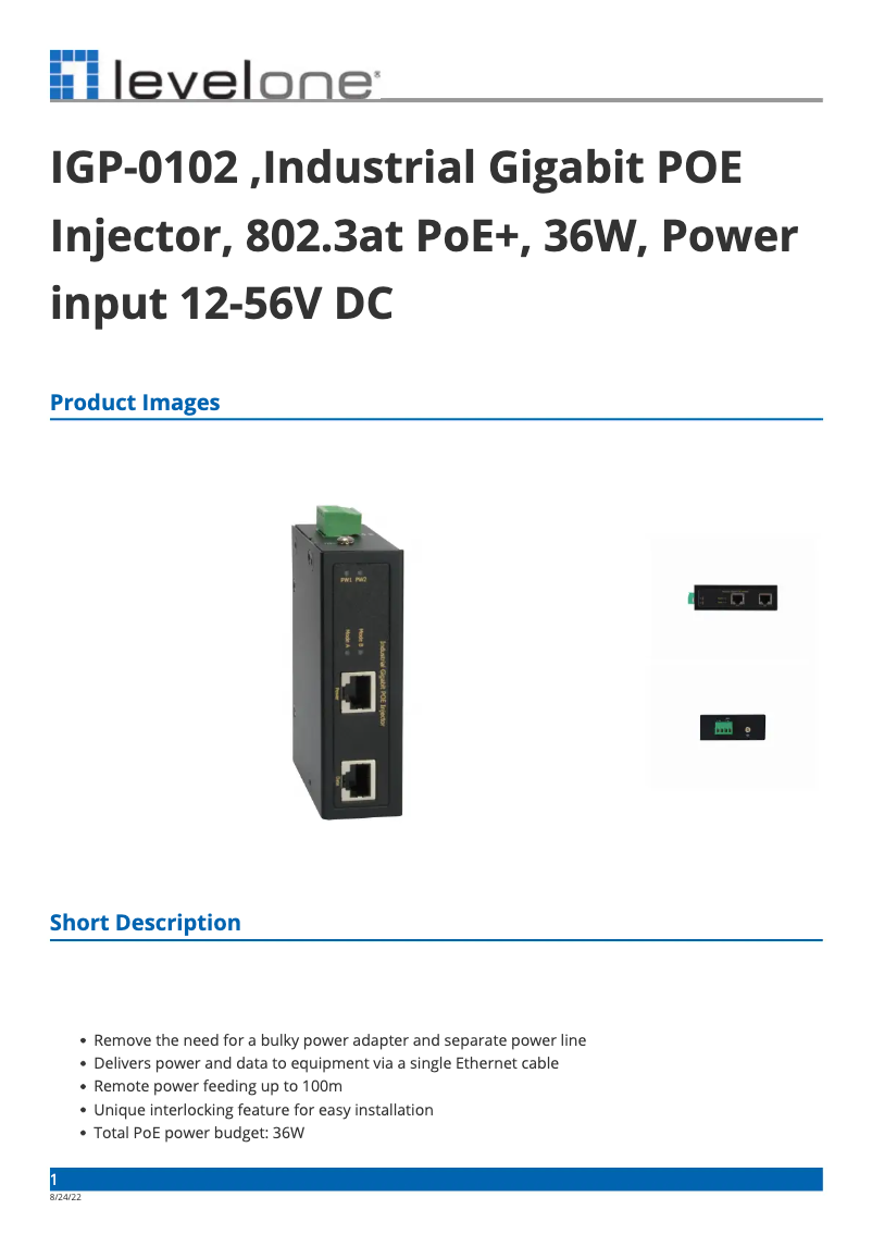 Page 1 of the manual Technical Sheet LevelOne IGP-0102