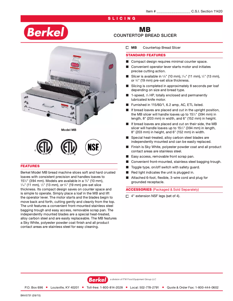 Page 1 of the manual Technical Sheet Berkel MB7-16STD