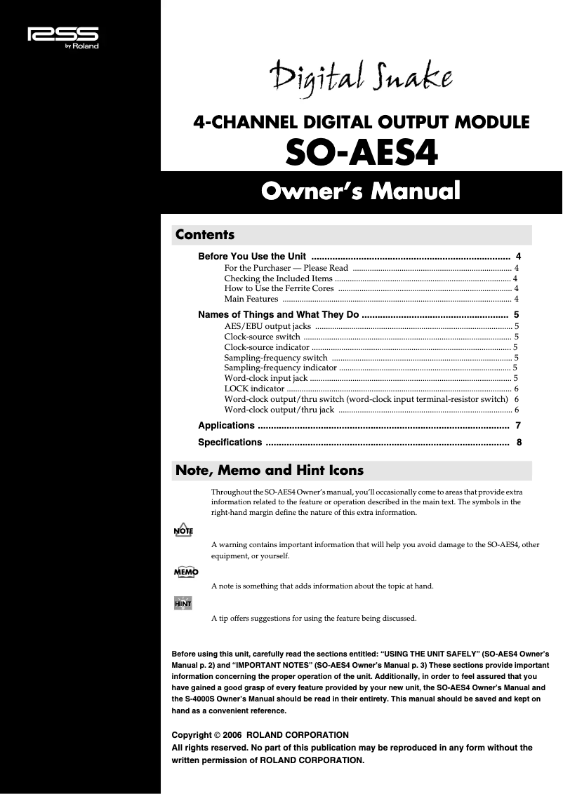 Page 1 of the manual User Manual Roland SO-AES4