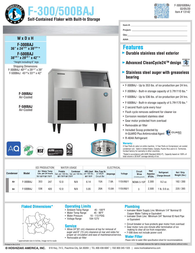 Page 1 of the manual Technical Sheet Hoshizaki F-500BAF