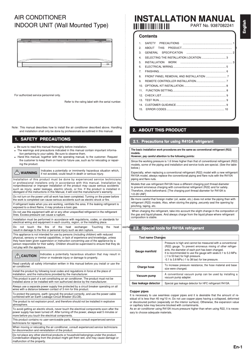 Image de la première page du manuel de l'appareil ASGA18FUTD-B