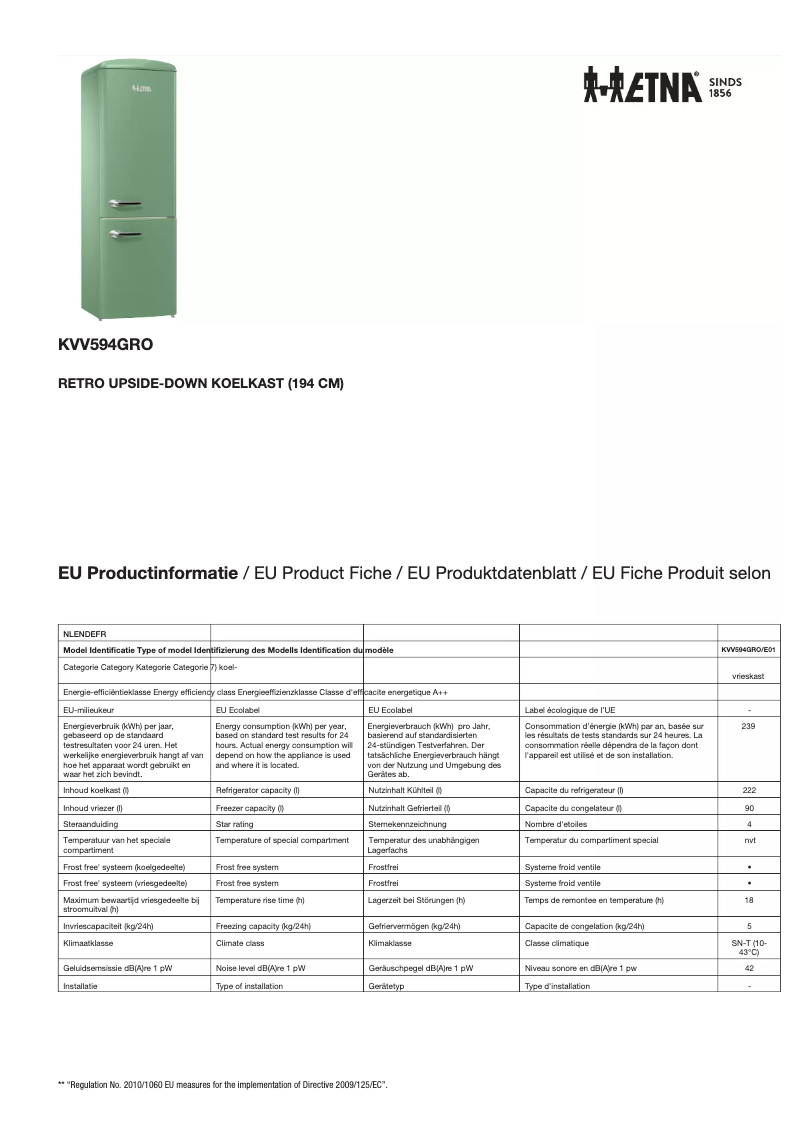 First page image of the manual for KVV594GRO