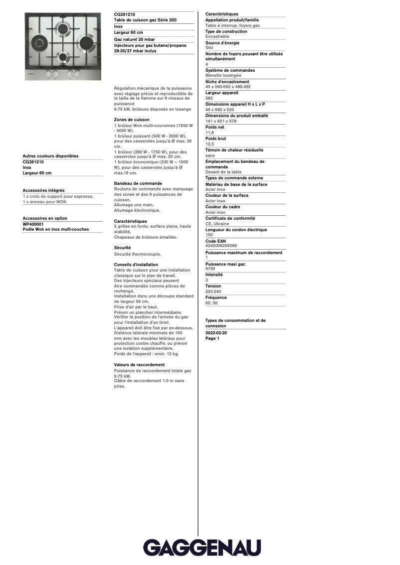 Page 1 of the manual Technical Sheet Gaggenau CG261210