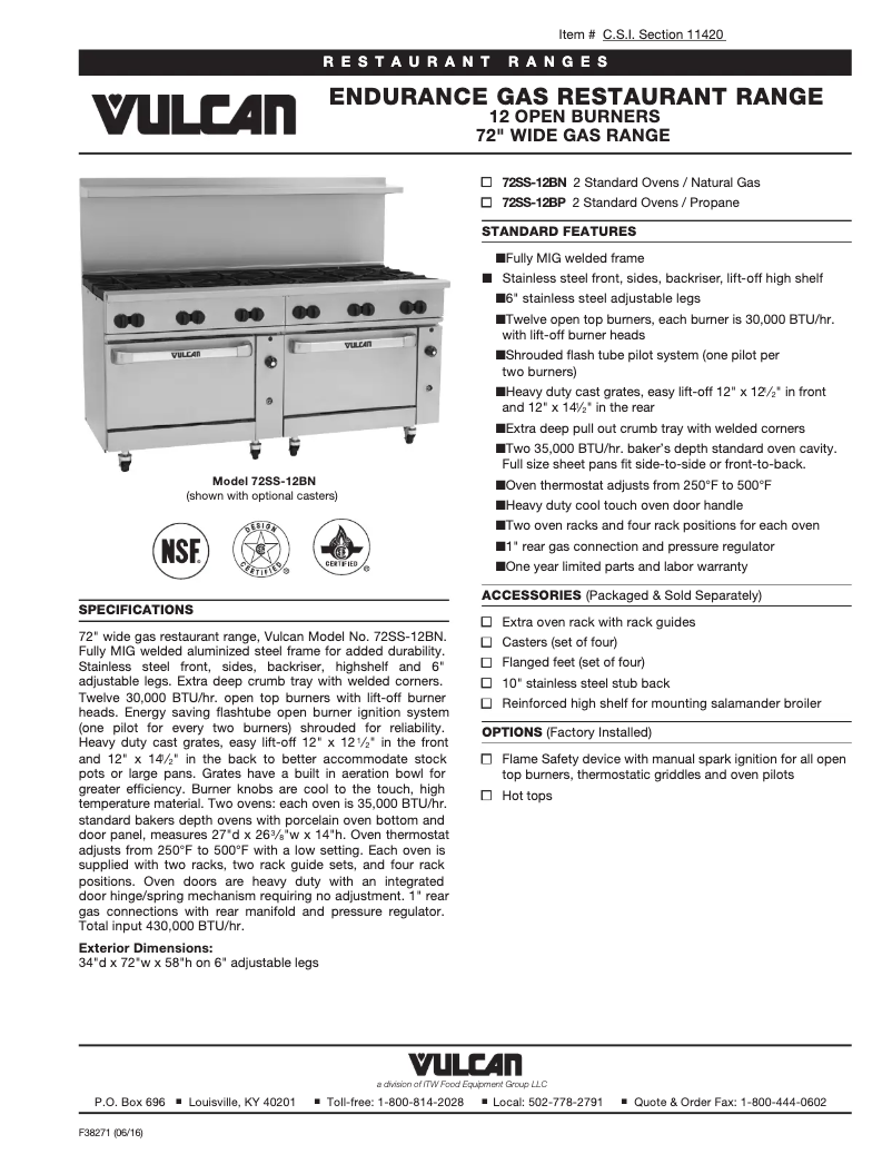 Page 1 of the manual Technical Sheet Vulcan 72SS-12B
