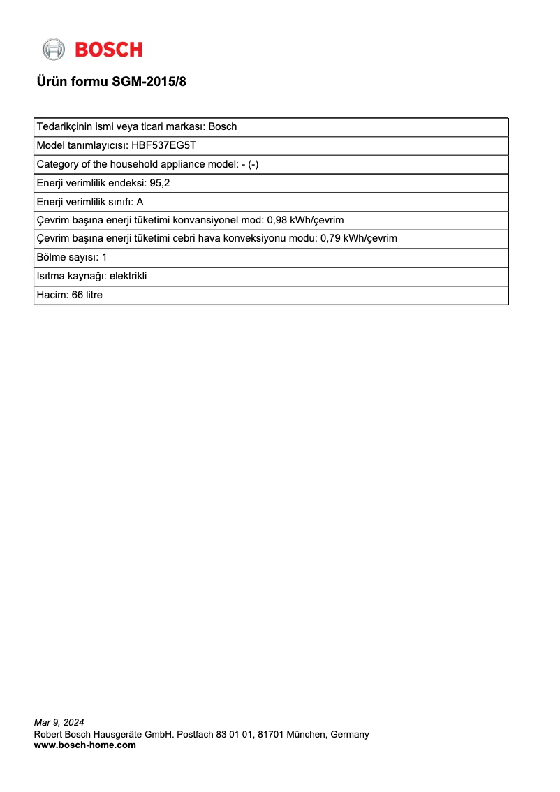 Page 1 of the manual Technical Sheet Bosch HBF537EG5T