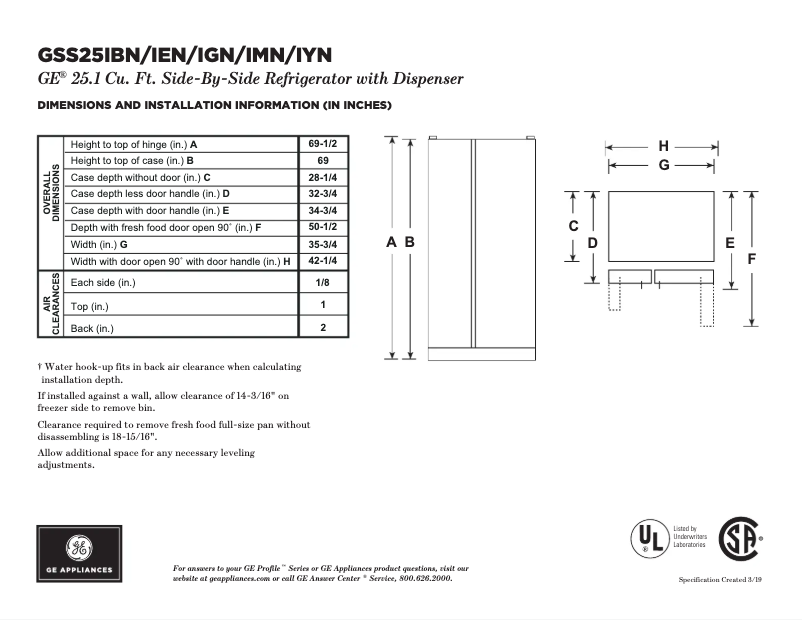 Page 1 of the manual Technical Sheet GE GSS25IYNFS