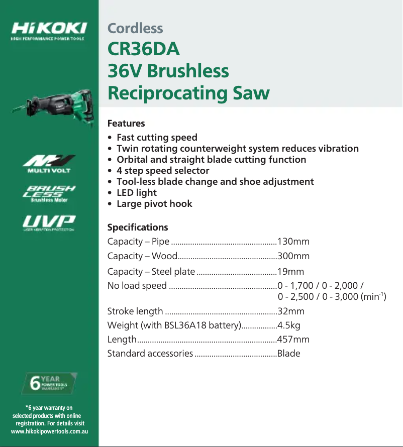 Page 1 of the manual Technical Sheet HiKOKI CR36DA