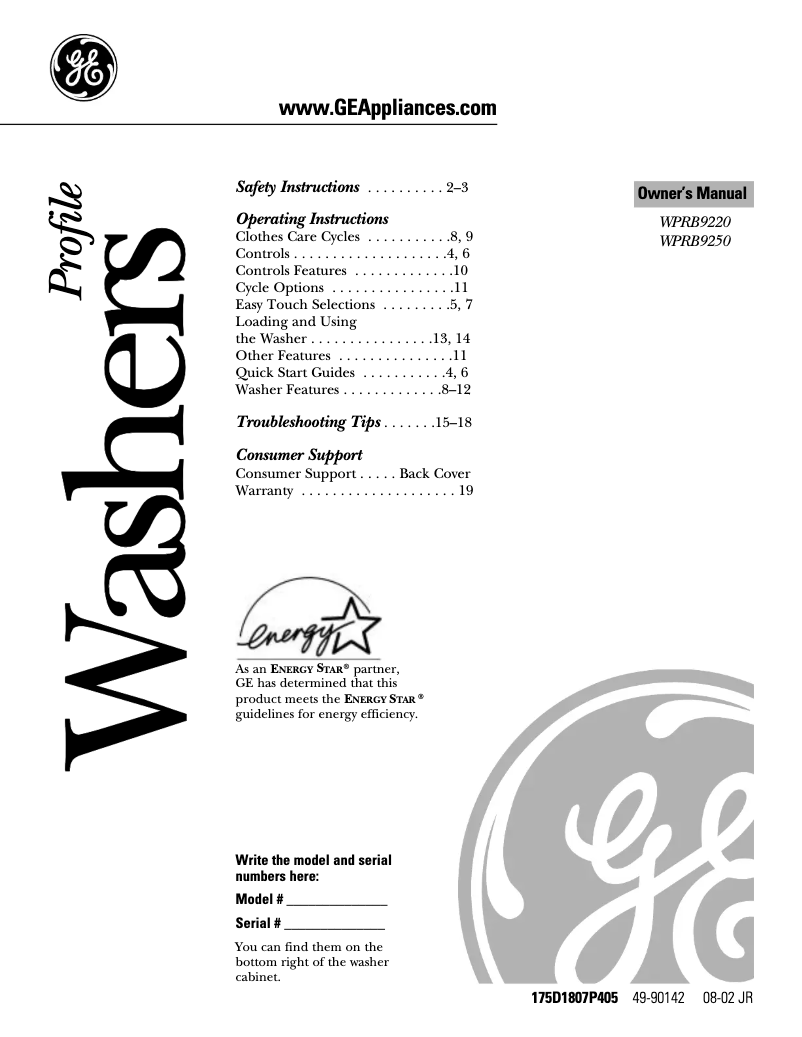 First page image of the manual for Profile WPRB9250CWW