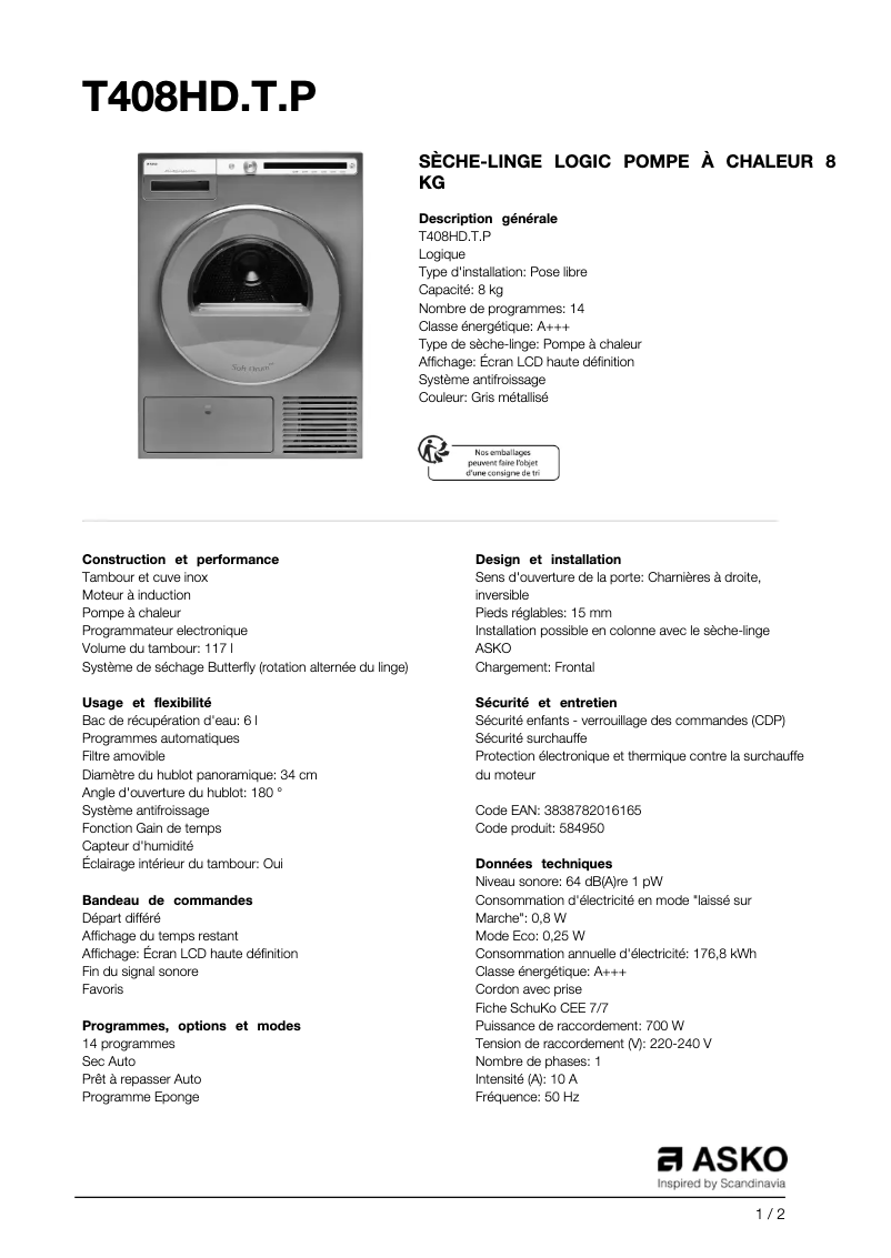 Page 1 of the manual Technical Sheet Asko T408HD