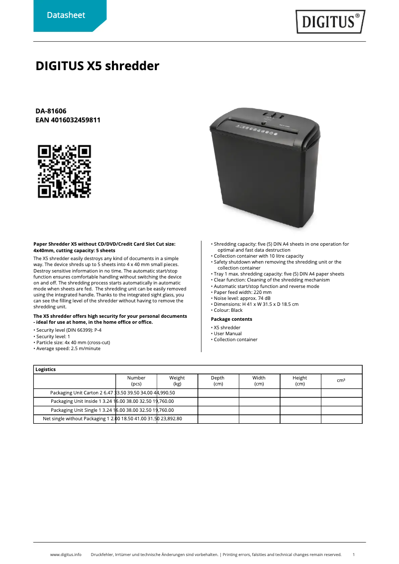 Page 1 of the manual Technical Sheet Digitus DA-81606
