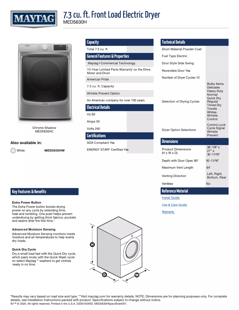 Page 1 of the manual Technical Sheet Maytag MED5630HW