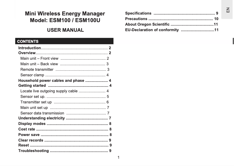 Page 1 of the manual User Manual Oregon Scientific ESM100