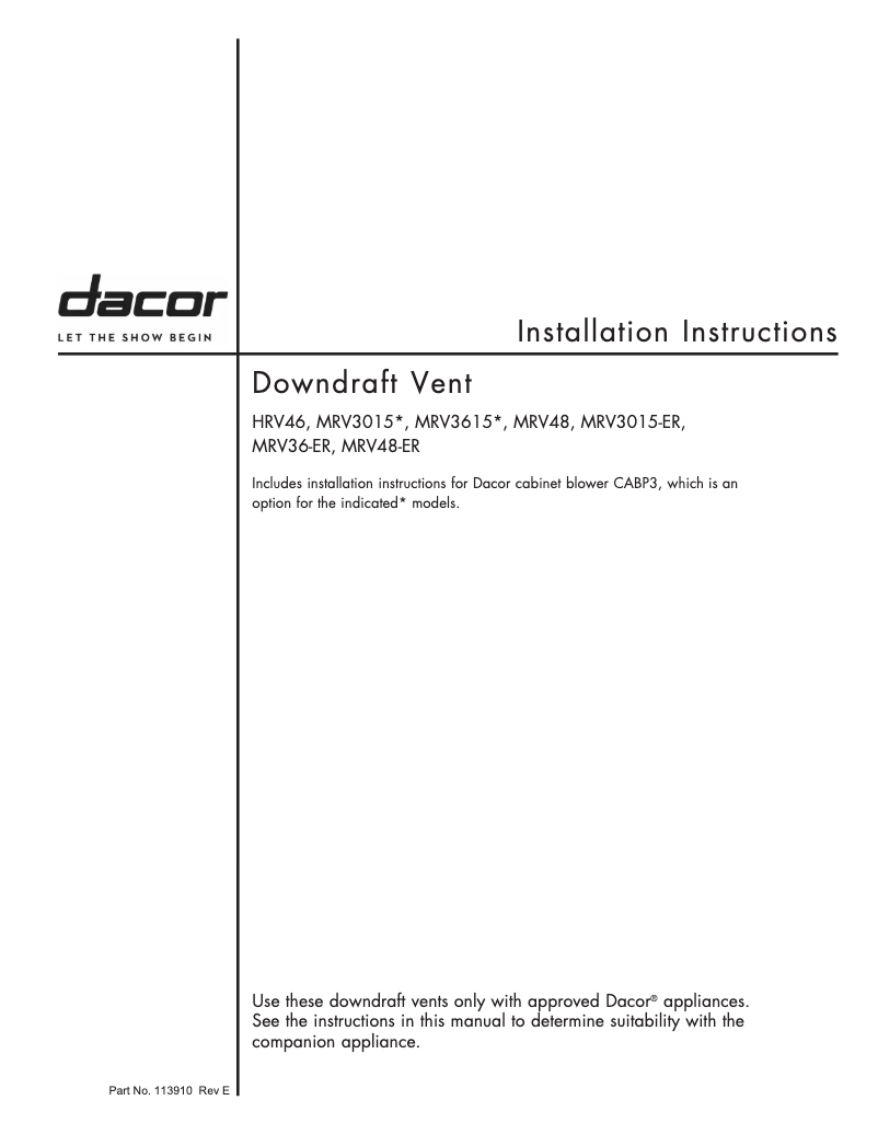 Page 1 of the manual Installation Guide Dacor MRV48ERS