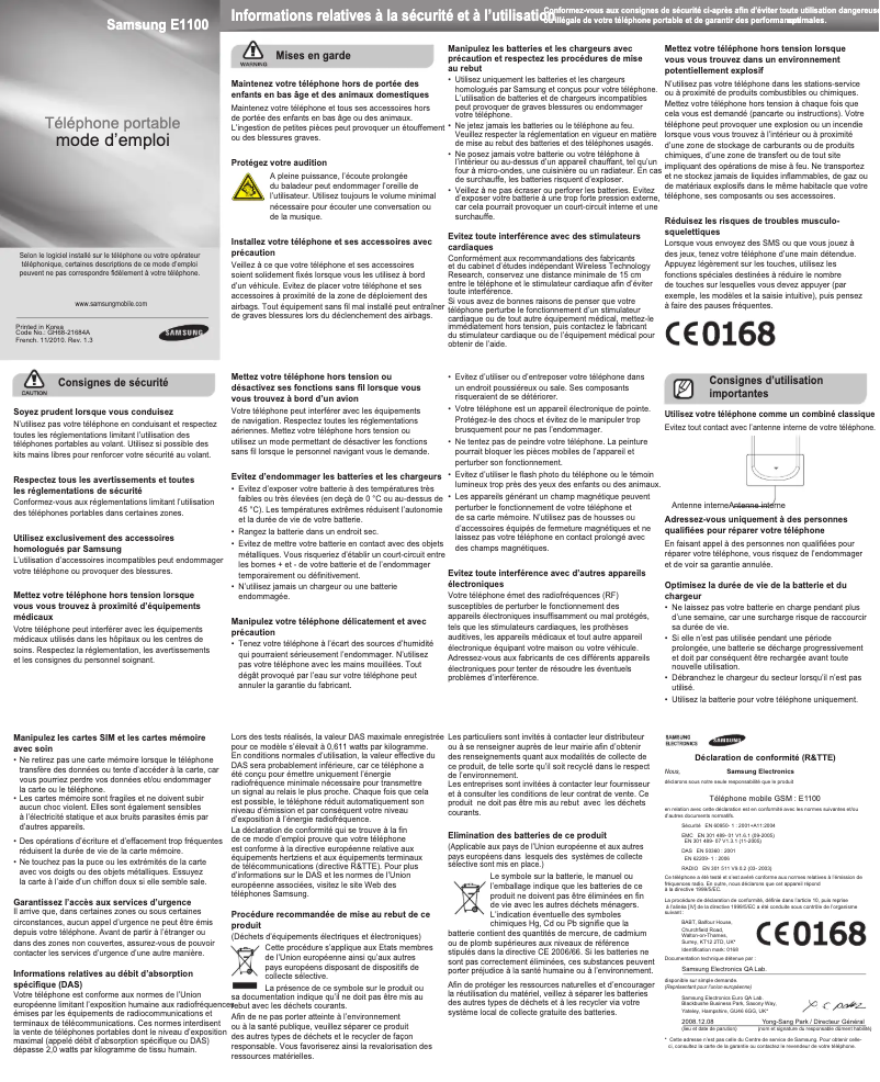 First page image of the manual for GT-E1100