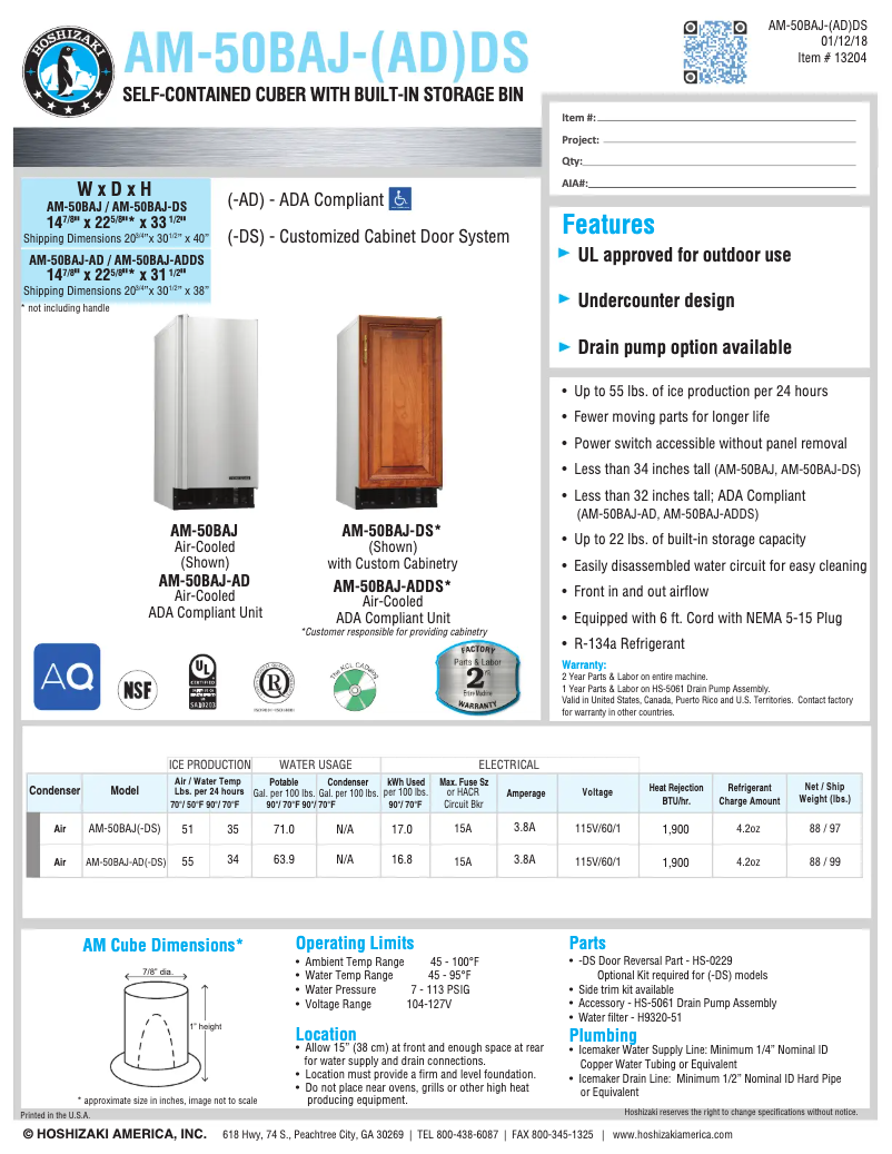 Page 1 of the manual Technical Sheet Hoshizaki AM-50BAE