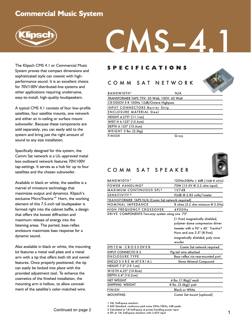 Page 1 of the manual Technical Sheet Klipsch CMS 4.1