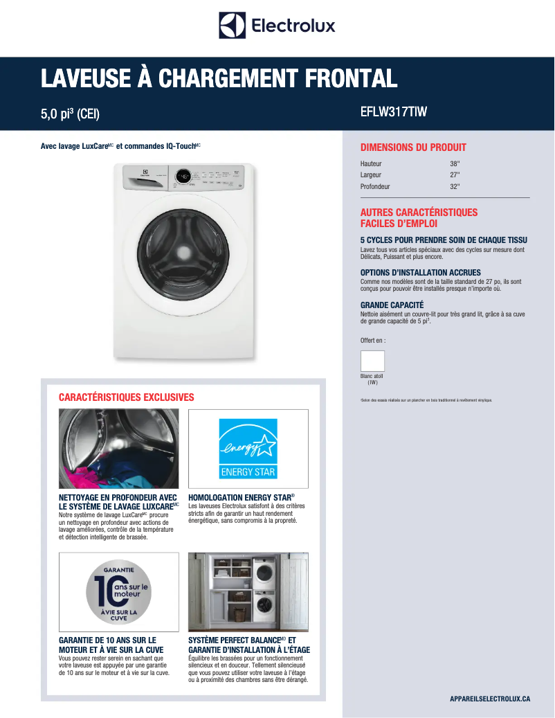 Page 1 of the manual Technical Sheet Electrolux EFLW317TIW