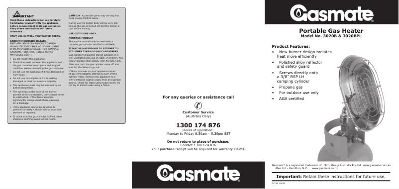 First page image of the manual for 3020BPL