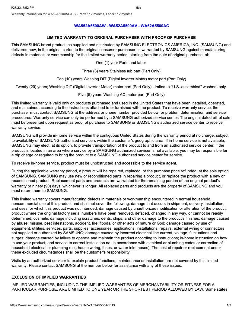 Page 1 of the manual Warranty Information Samsung WA52A5500AC