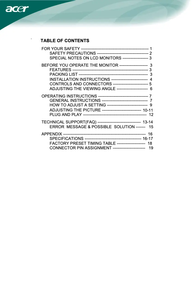Page 1 of the manual User Manual Acer AL1916