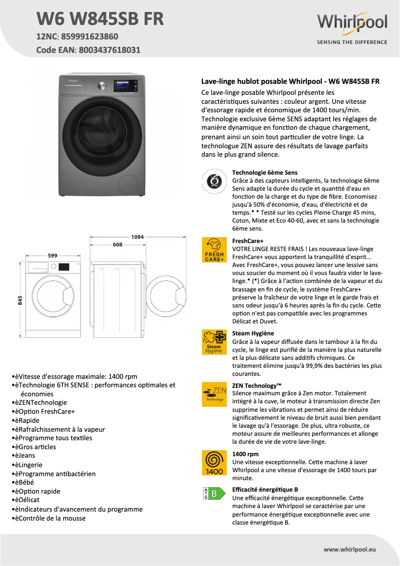 Page 1 of the manual Technical Sheet Whirlpool W6 W845SB FR