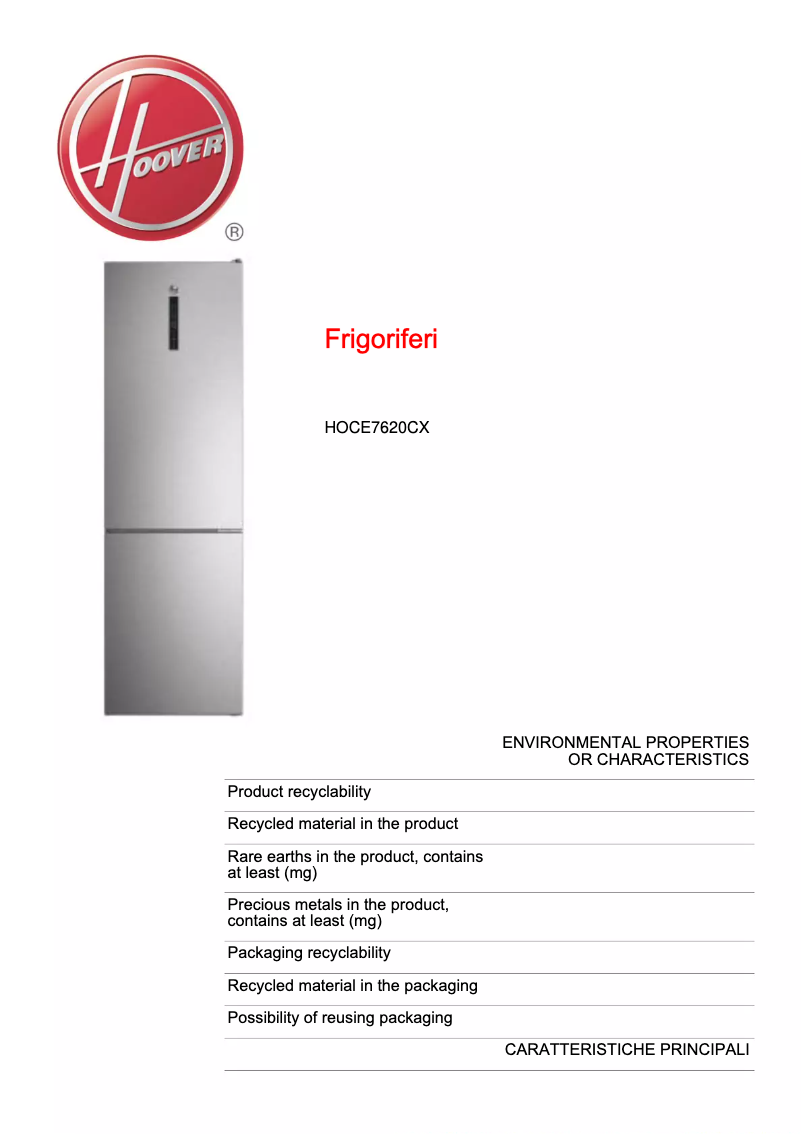 Page 1 of the manual Technical Sheet Hoover HOCE7620CX