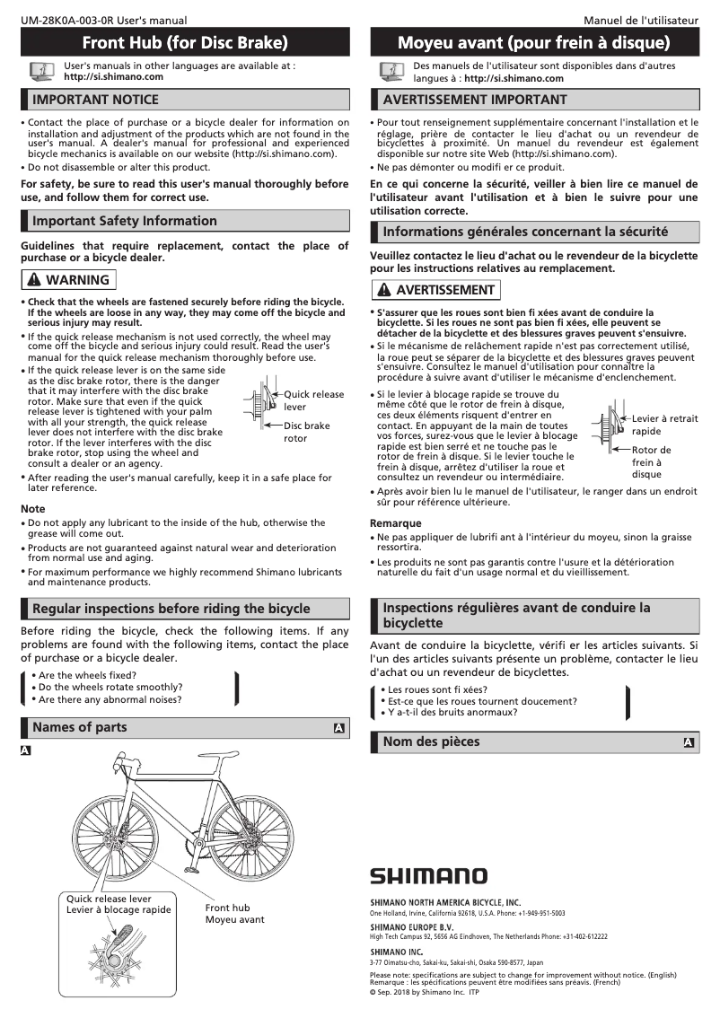 Page 1 of the manual User Manual Shimano HB-RS505