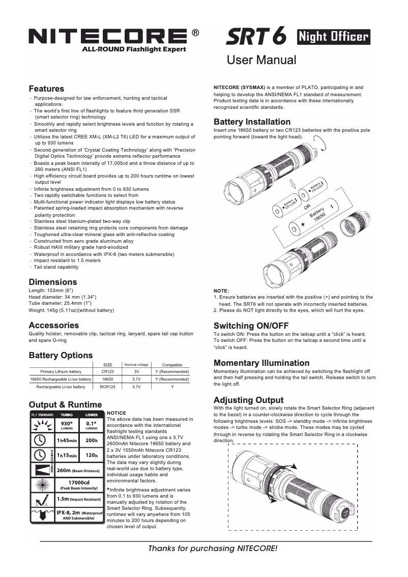 Page 1 of the manual User Manual Nitecore SRT6 Night Officer