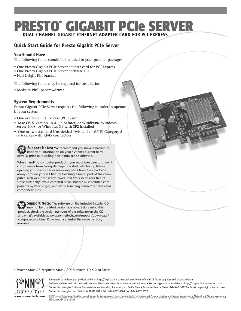 Page 1 of the manual User Manual Sonnet Presto Gigabit Server PCIe