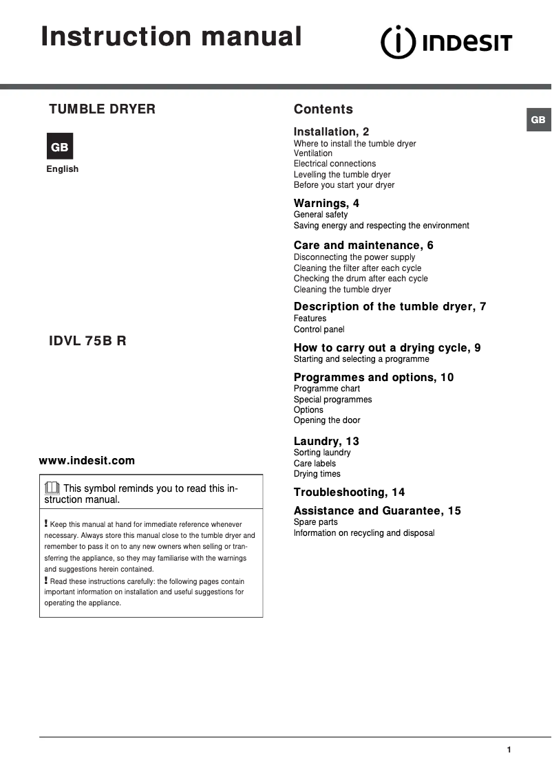 Page 1 of the manual Instruction Manual Indesit IDVL 75 B R K (UK)