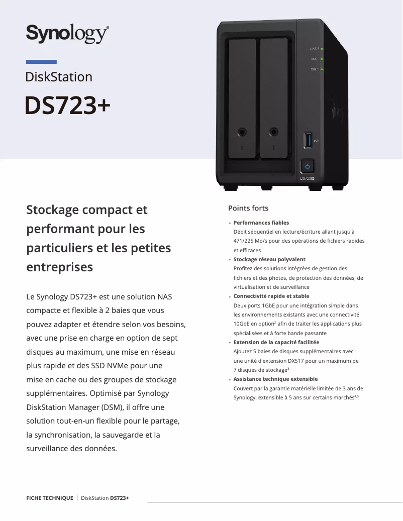Page 1 of the manual Technical Sheet Synology DiskStation DS723+