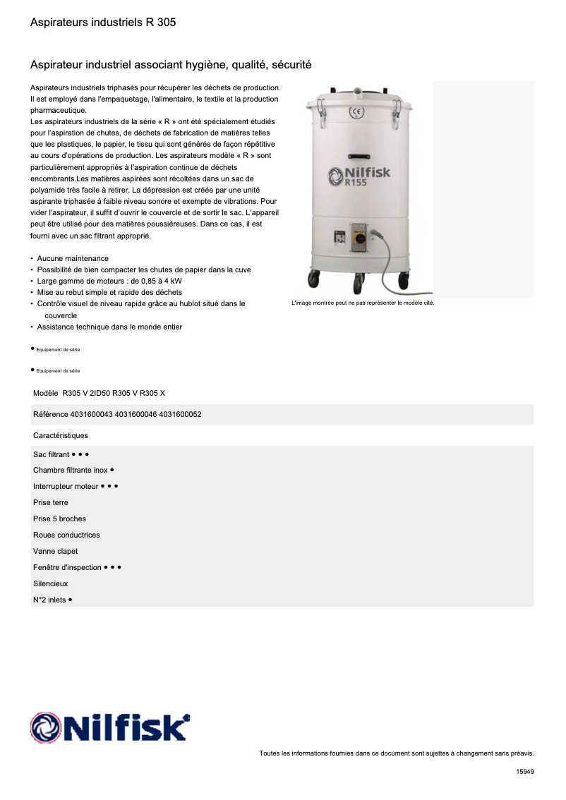 Page 1 of the manual Technical Sheet Nilfisk R305
