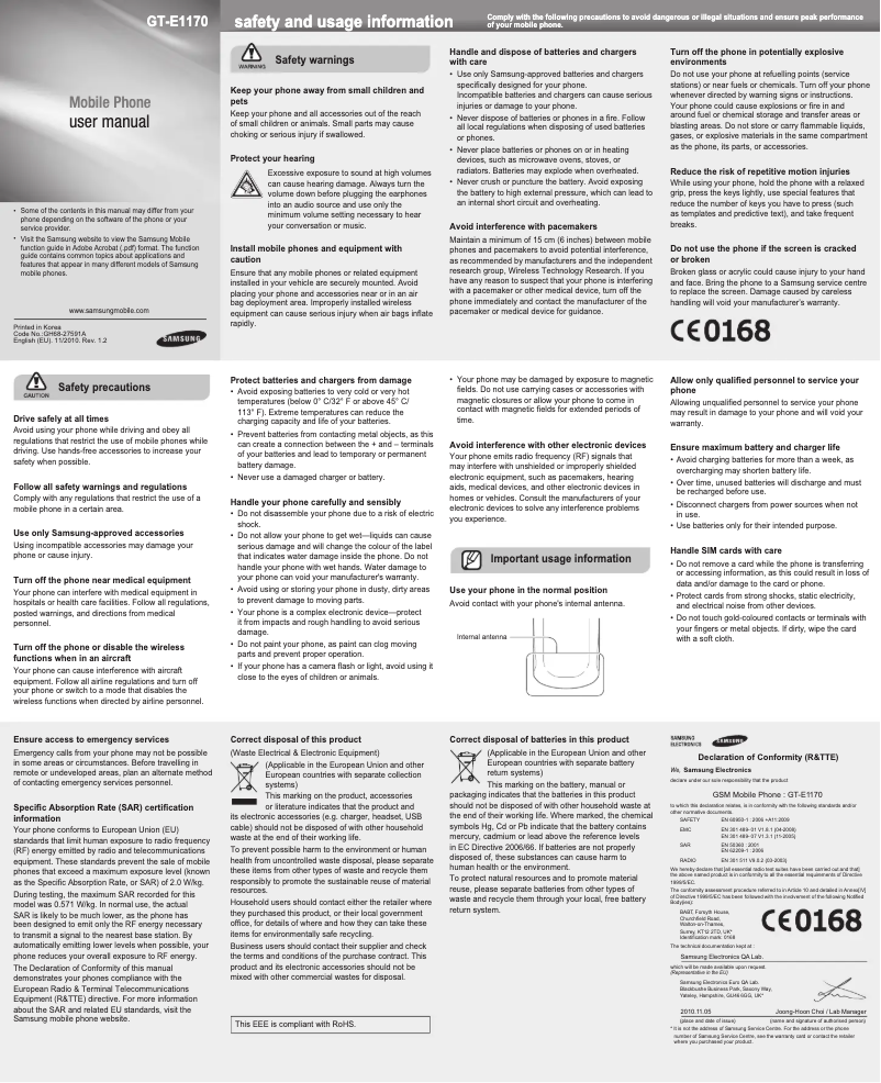 Page 1 of the manual User Manual Samsung GT-E1170/V