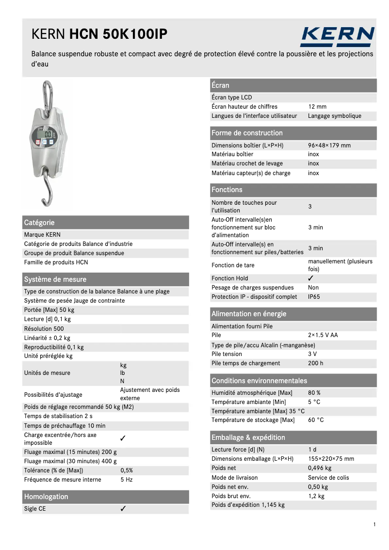 Page 1 of the manual Technical Sheet Kern HCN 50K100IP