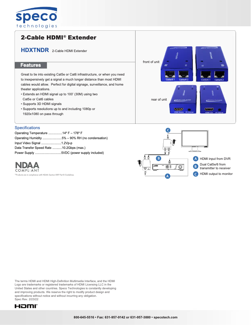 Page 1 of the manual Technical Sheet Speco Technologies HDXTNDR
