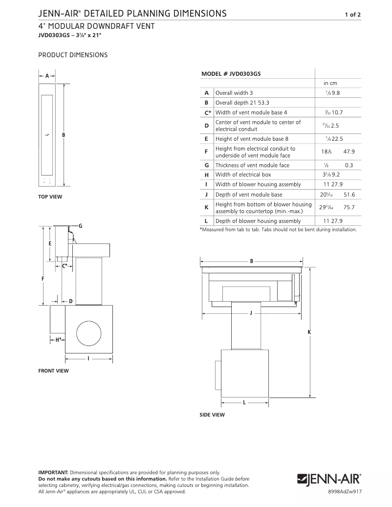 Page 1 of the manual Technical Drawing JennAir JVD0303GS